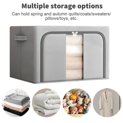 66L Collapsible Fabric Storage Bin with Steel Frame | Waterproof Oxford Cloth | Grey
