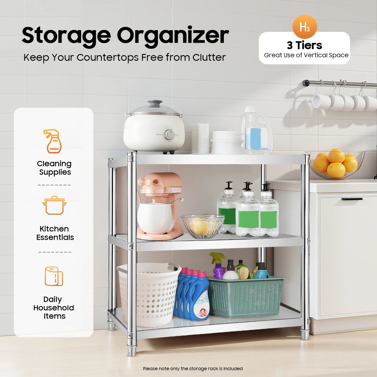 3-Tier Stainless Steel Kitchen Shelf | Adjustable Microwave & Storage Rack