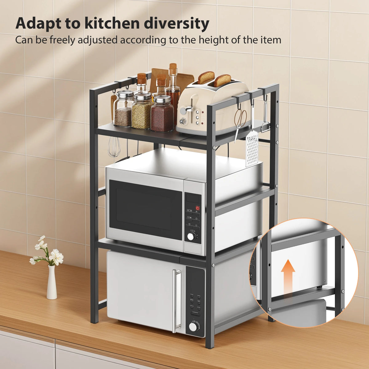 Extendable Microwave Rack, 3 Tier Microwave Rack with 6 Hooks, Microwave Rack, Kitchen Countertop Organiser