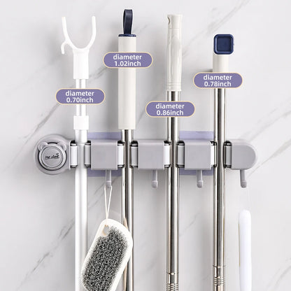 Broom Mop Holder, Wall Mounted Self-Adhesive Broom And Mop Organizer With Hooks For Bathroom Kitchen Closet Storage