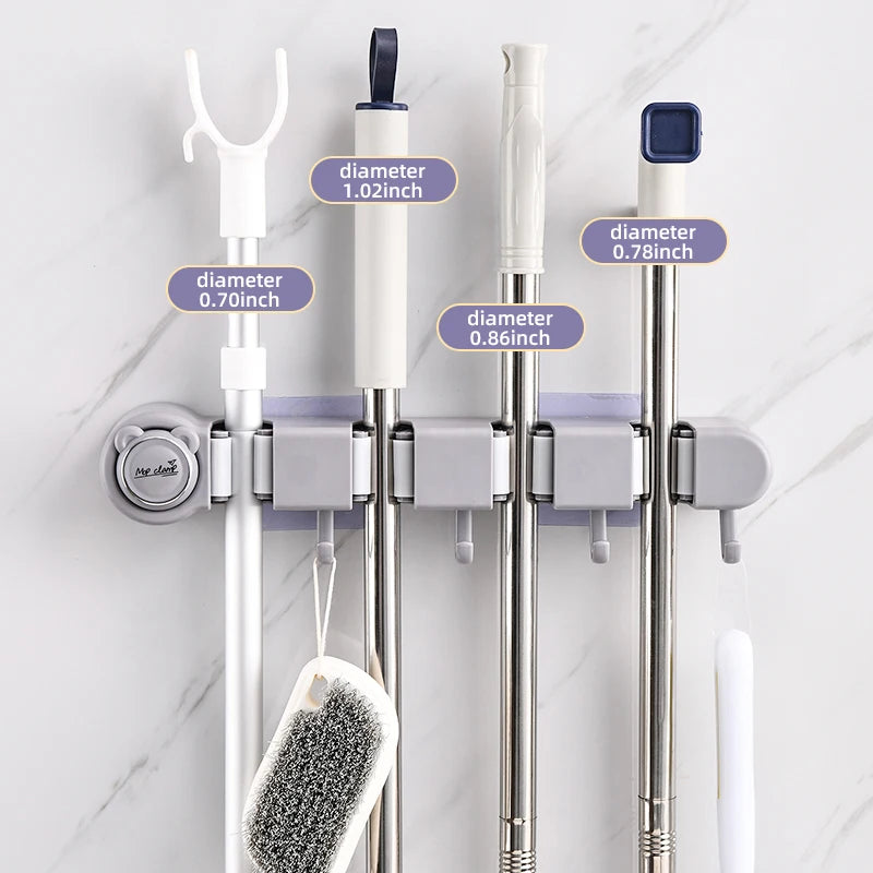 Wall-Mounted Broom & Mop Holder | 4 Slots & 4 Hooks | Self-Adhesive No-Drill