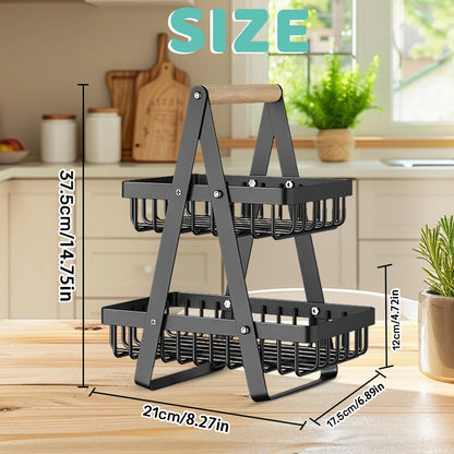 2-Tier Fruit Basket & Bread Basket with Wooden Handle