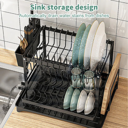 2-Tier Dish Drying Rack with Drain Spout, Cutlery & Cup Holders | Carbon Steel | Black