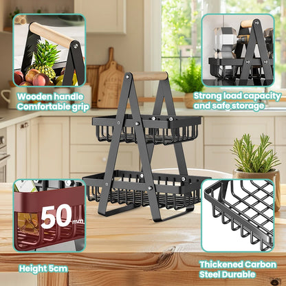 2-Tier Fruit Basket & Bread Basket with Wooden Handle