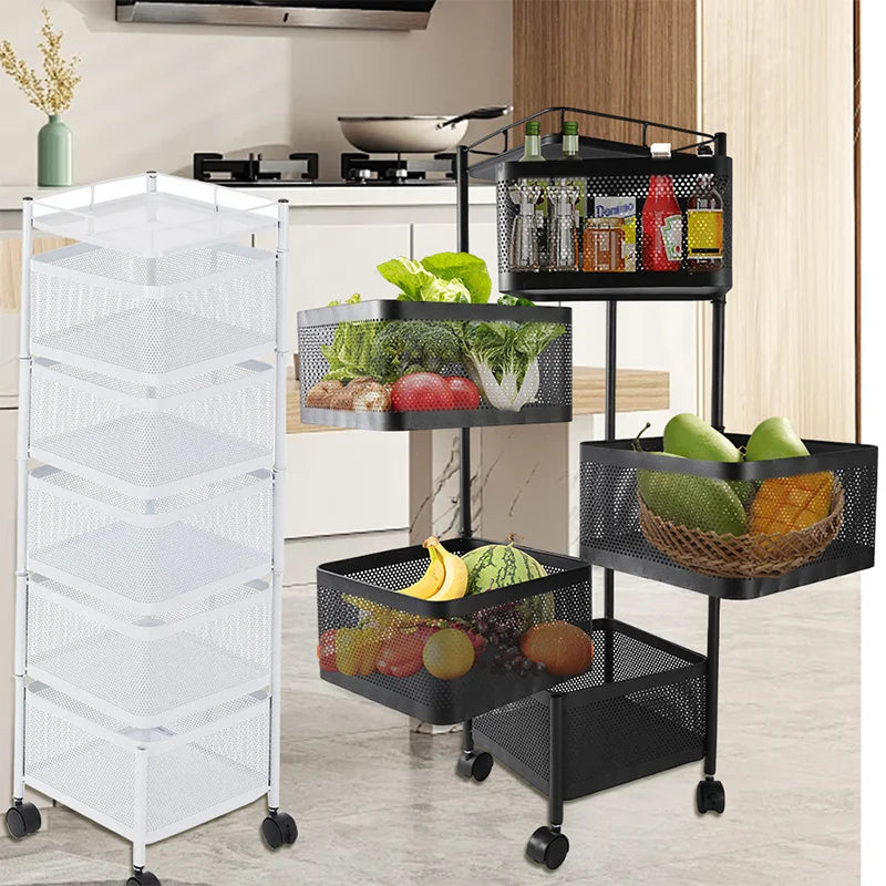 Multi-Layer Rotatable Storage Rack Kitchen Organizer Vegetable Basket Removable Household Rolling Storage Cart Trolley