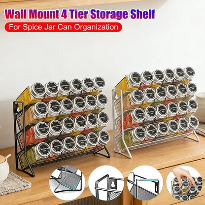 4-Tier Spice Jar Rack | Wall-Mount or Freestanding | Carbon Steel | Black