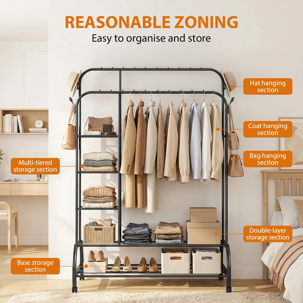 Clothes Heavy Duty Rail, 160CM Carbon Steel Metal Clothes Rack 2 Bottom Rack, 4Hooks,4 Shelves, Freestanding Hanging Rail Storage Shelf for Bedroom Temporary Garment Laundry, Entryway, Wardrobe