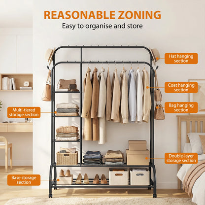 Clothes Heavy Duty Rail, 160CM Carbon Steel Metal Clothes Rack 2 Bottom Rack, 4Hooks,4 Shelves, Freestanding Hanging Rail Storage Shelf for Bedroom Temporary Garment Laundry, Entryway, Wardrobe