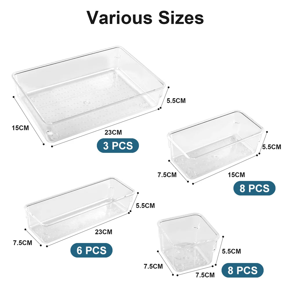 25pc Drawer Organizers Set Clear Plastic Desk Dividers Bins Bedroom Dresser Office Storage Box for Makeup Jewelries Gadgets