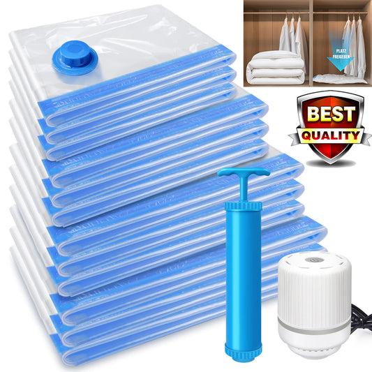 DayPlus Vacuum Storage Bags Wardrobe Organizer 12pcs Seal Bags Save Space for Clothes Pillow Blanket, Manual + Electric Air Pump