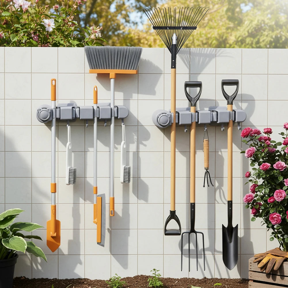 No-Drill Wall-Mounted Broom & Mop Holder - Bathroom Storage Rack for Mops, Brooms & Cleaning Supplies