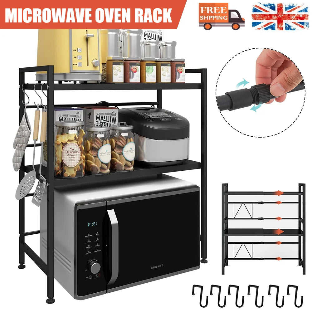 Expandable Microwave & Oven Countertop Shelf | Adjustable Carbon Steel Rack