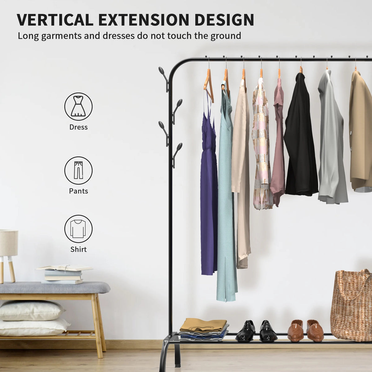Freestanding Pole Clothes Rack with 8 Side Hooks | Floor-Standing Drying Shelf