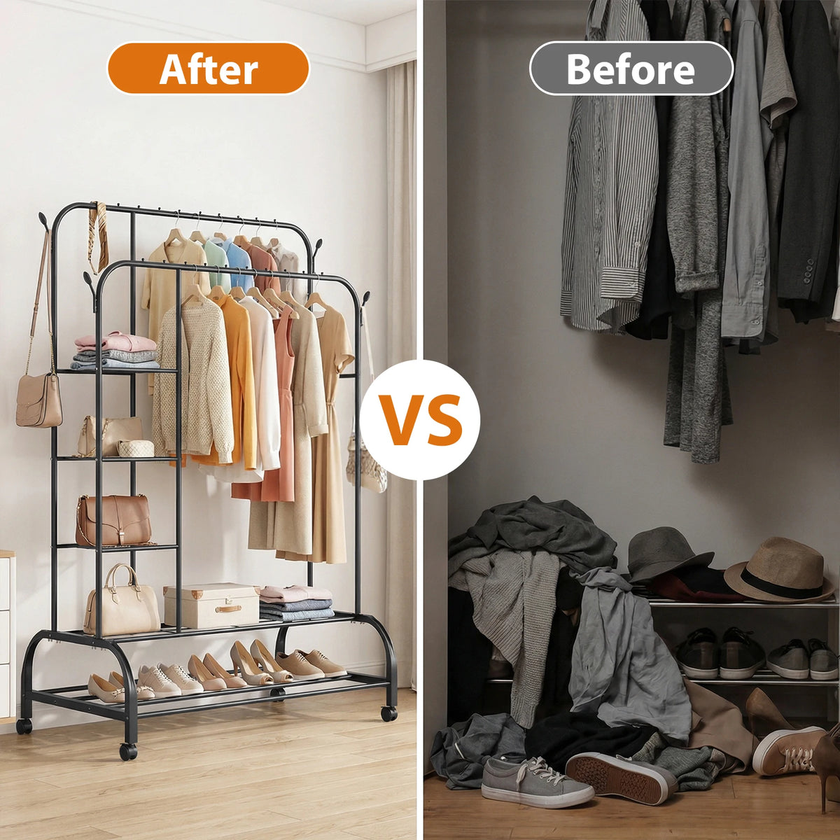 160cm Heavy-Duty Carbon Steel Clothes Rail | 2 Bottom Racks, 4 Shelves & 4 Hooks