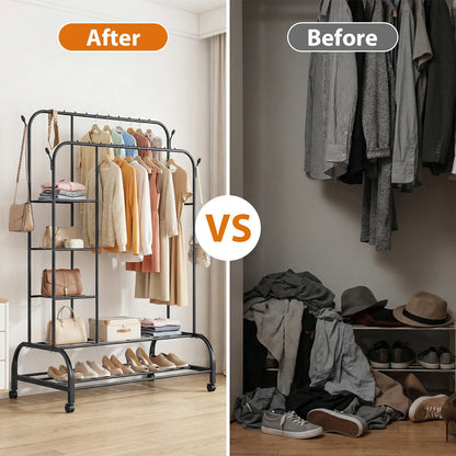 160cm Heavy-Duty Carbon Steel Clothes Rail | 2 Bottom Racks, 4 Shelves & 4 Hooks