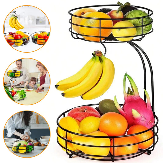 2-Tier Fruit & Veggie Basket Durable Storage Stand for Dining Tables with Hanger Option