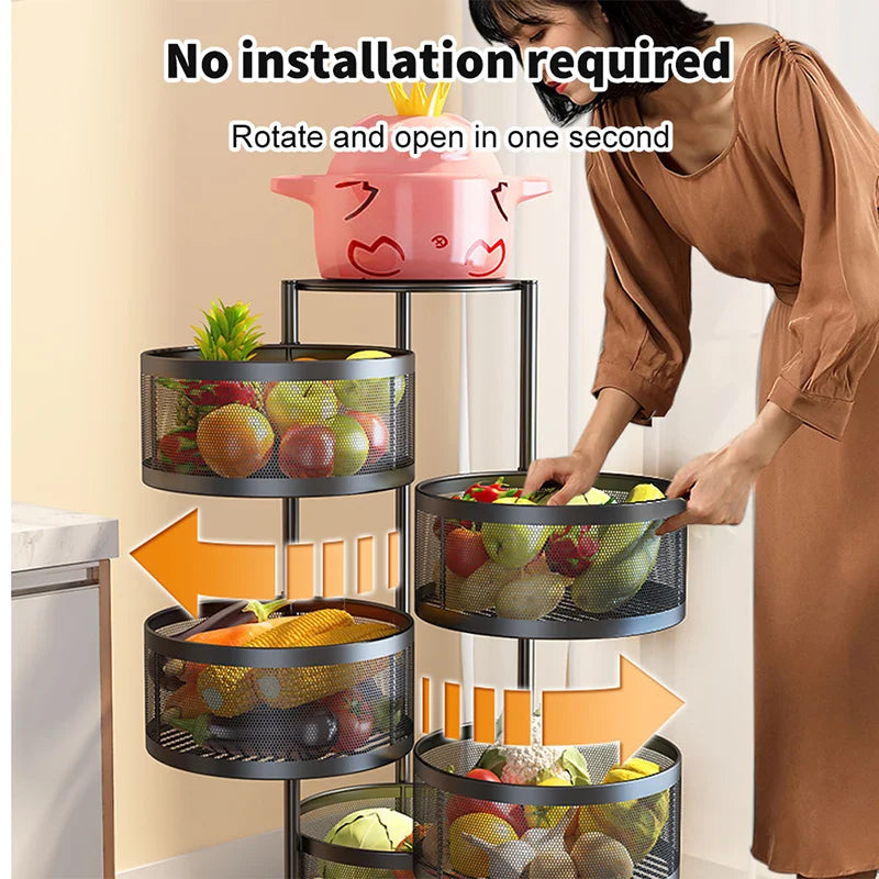 Multi-Layer Rotating Kitchen Storage Cart with Vegetable Baskets