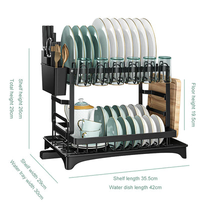 2-Tier Dish Drying Rack with Cutlery Holder & Draining Tray