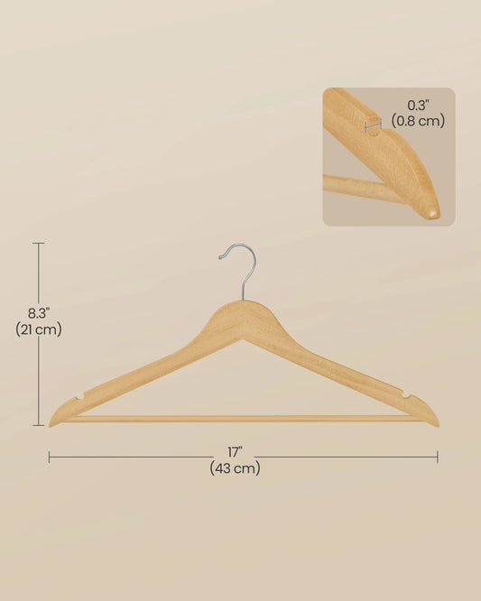 SONGMICS Wooden Hangers, Pack of 30, Coat Hangers, Pants Bar, 360° Swivel Hooks, Solid Birch Wood