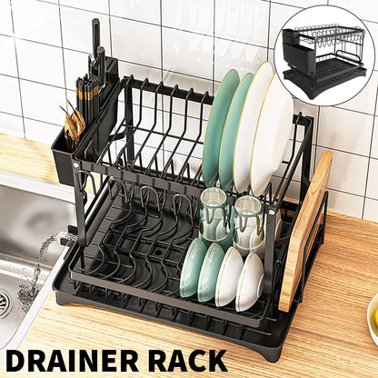 2-Tier Dish Drainer with Cutlery Holder & Drip Tray