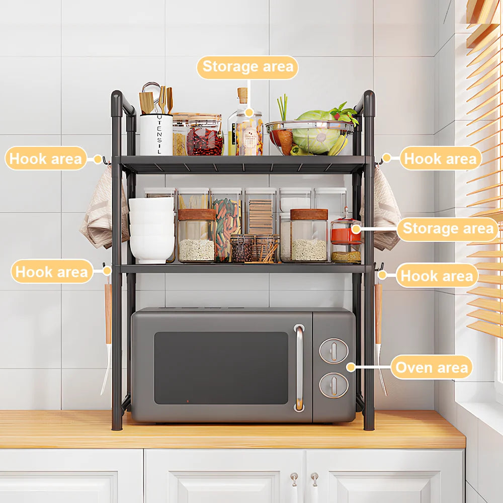 Multi-Purpose Kitchen Storage Rack for Microwave, Oven, Countertop Organizer with Tool Hooks Tidying Shelves Kitchen Accessories