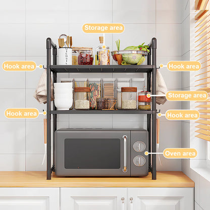 Multi-Purpose Kitchen Storage Rack for Microwave, Oven, Countertop Organizer with Tool Hooks Tidying Shelves Kitchen Accessories