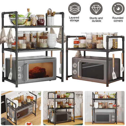 Multi-Purpose Kitchen Storage Rack for Microwave, Oven, Countertop Organizer with Tool Hooks Tidying Shelves Kitchen Accessories