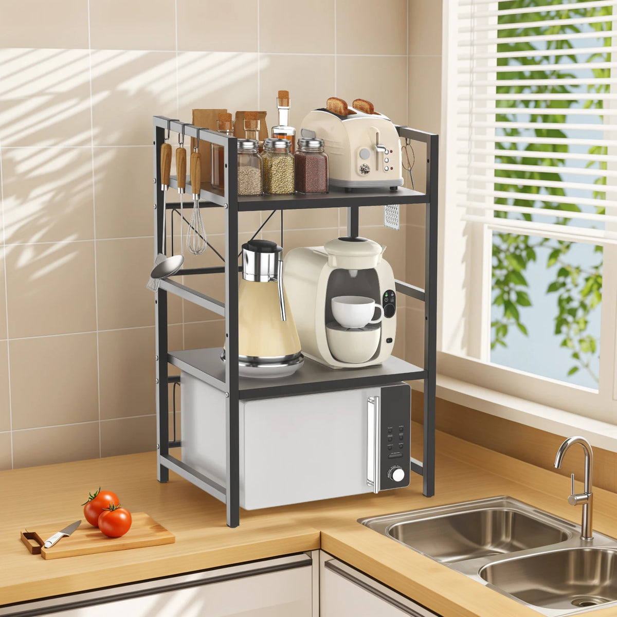 Extendable Microwave Rack, 3 Tier Microwave Rack with 6 Hooks, Microwave Rack, Kitchen Countertop Organiser