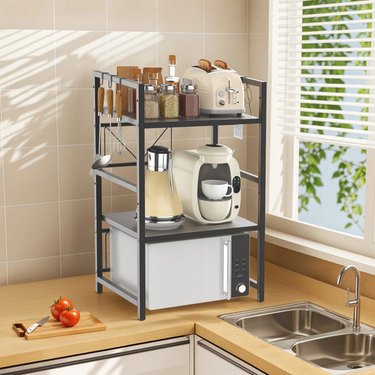 Extendable Microwave Rack, 3 Tier Microwave Rack with 6 Hooks, Microwave Rack, Kitchen Countertop Organiser