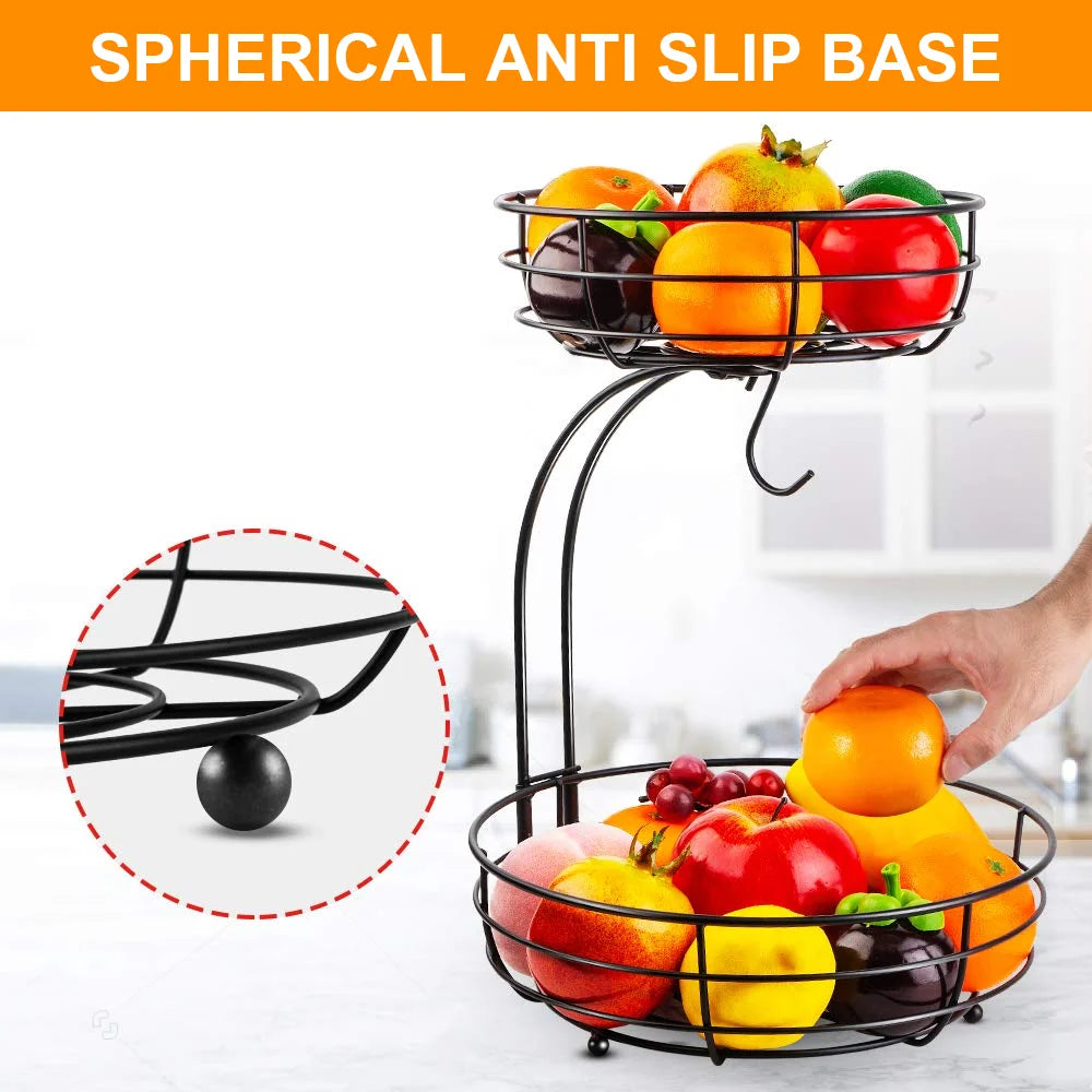 2-Tier Metal Fruit & Vegetable Basket with Banana Hook | Freestanding or Hanging