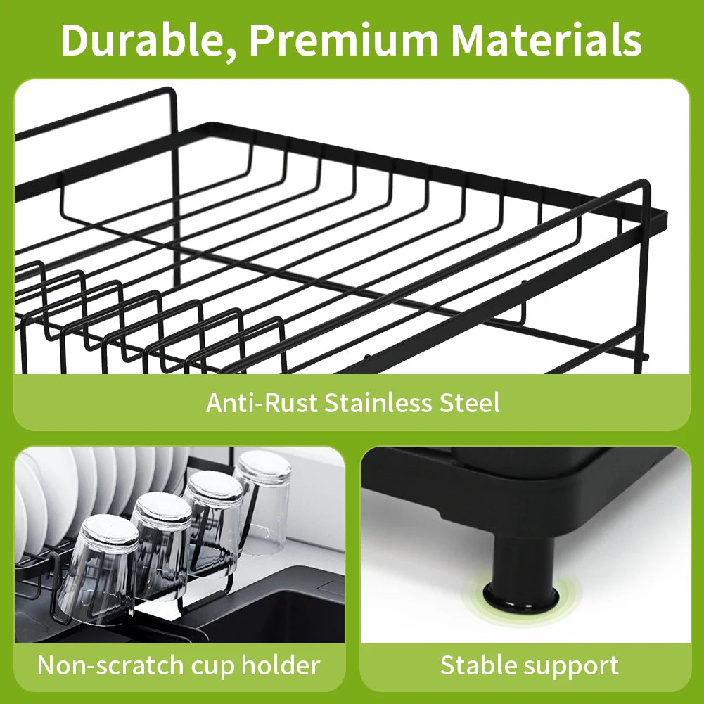 Extendable Dish Drainer Rack with Cutlery & Cup Holders | Anti-Rust | Black