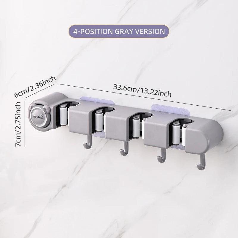 Wall-Mounted Broom & Mop Holder | 4 Slots & 4 Hooks | Self-Adhesive No-Drill