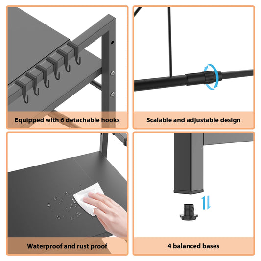 3 Tiers Expandable Microwave Oven Rack with 6 hooks, Microwave Shelf Stand, Carbon Steel for Pots Pans Rice Cooker