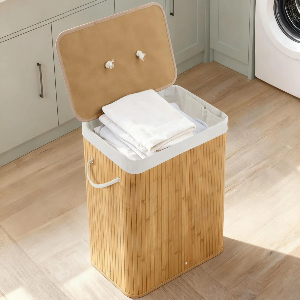 Bamboo Laundry Hamper 106L | Removable 4-Section Liner | Lid & Handles
