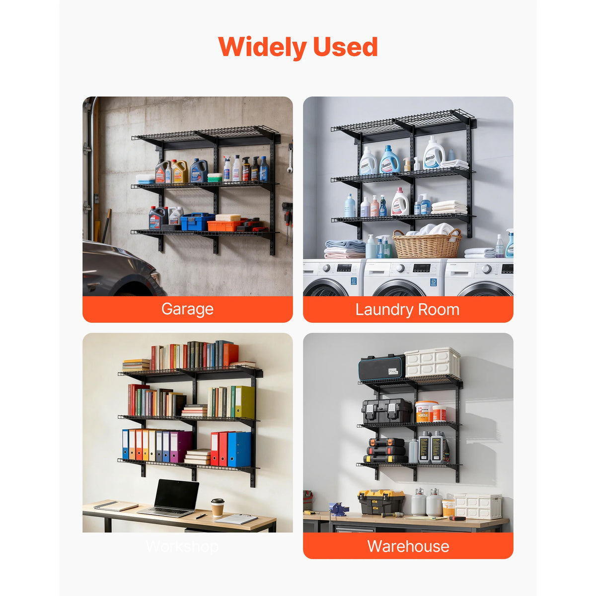 SucceBuy Heavy Duty Wall Garage Shelving 3-Tier 0.9x3 ft 450 lbs 11x36" Per Shelf Steel Wall Mounted Shelving Unit Metal Black