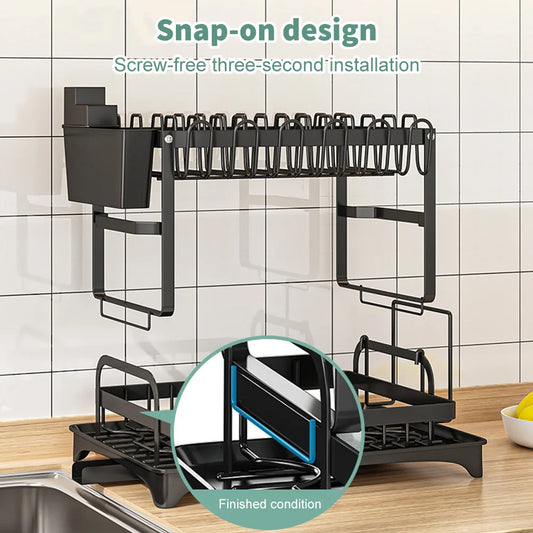 2-Tier Dish Drying Rack with Drain Spout, Cutlery & Cup Holders | Carbon Steel | Black