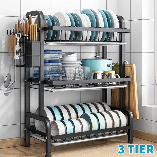 3-Tier Dish Drainer Rack with Drip Trays & Cutlery Holder | Black