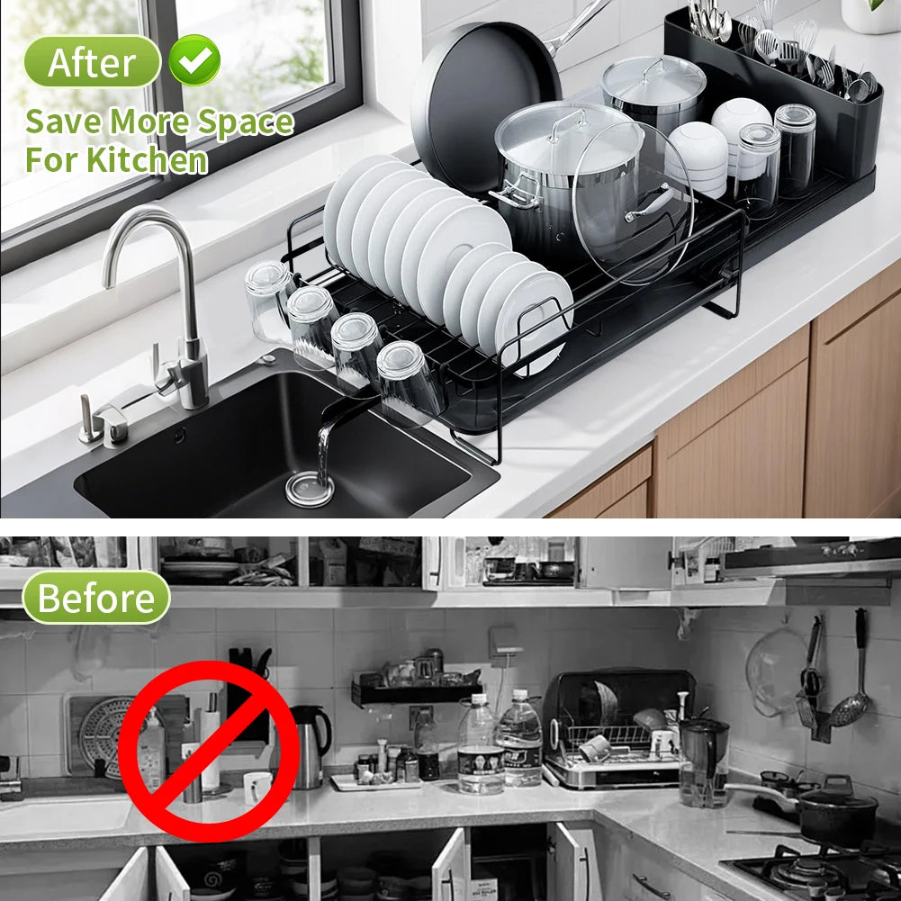 Extendable Dish Drainer Rack with Cutlery & Cup Holders | Anti-Rust | Black
