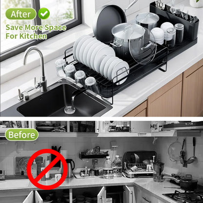 Extendable Dish Drainer Rack with Cutlery & Cup Holders | Anti-Rust | Black