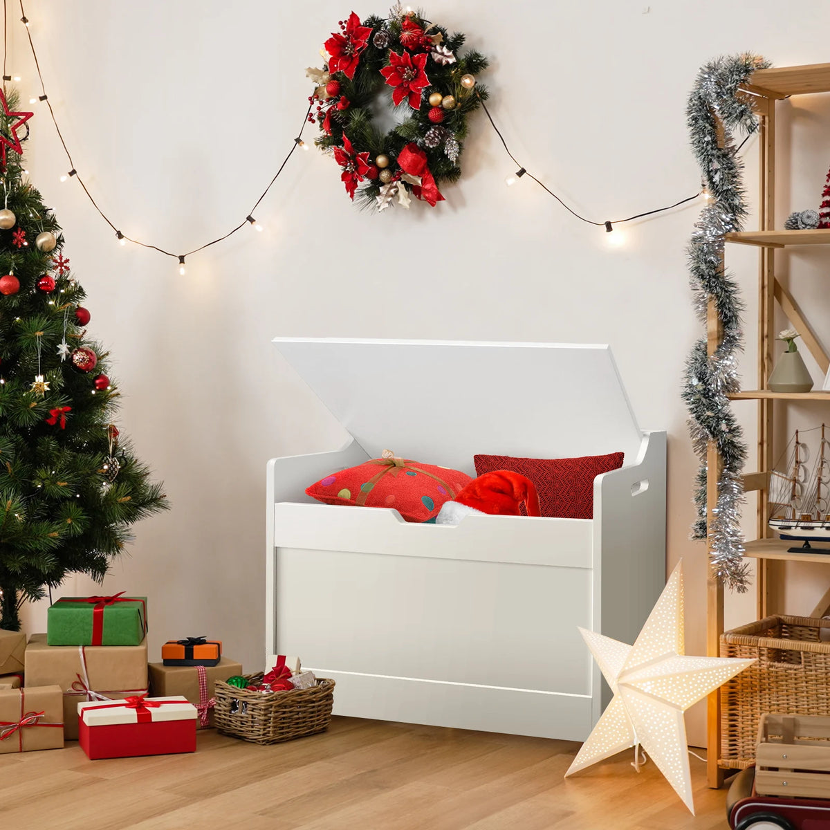 Wooden Storage Box with Lid Bench, 2-in-1 Toy and Blanket Box for Playroom or Bedroom, Large Capacity,Safety Hinges