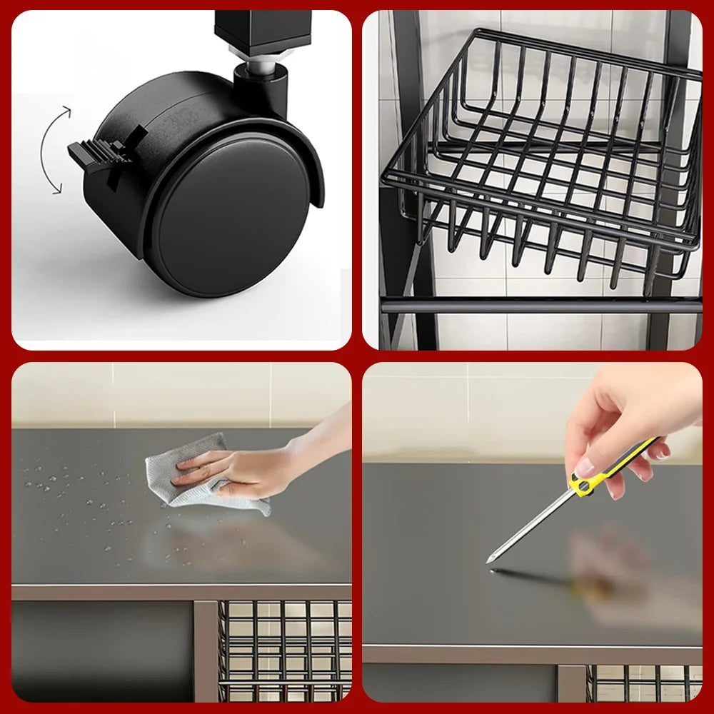 4-Tier Rolling Kitchen Storage Rack | Carbon Steel | 50 kg Capacity