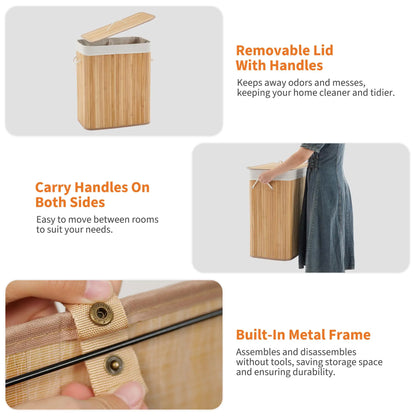 Bamboo Laundry Hamper 106L | Removable 4-Section Liner | Lid & Handles