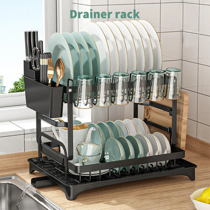 2-Tier Dish Drainer with Cutlery Holder & Drip Tray