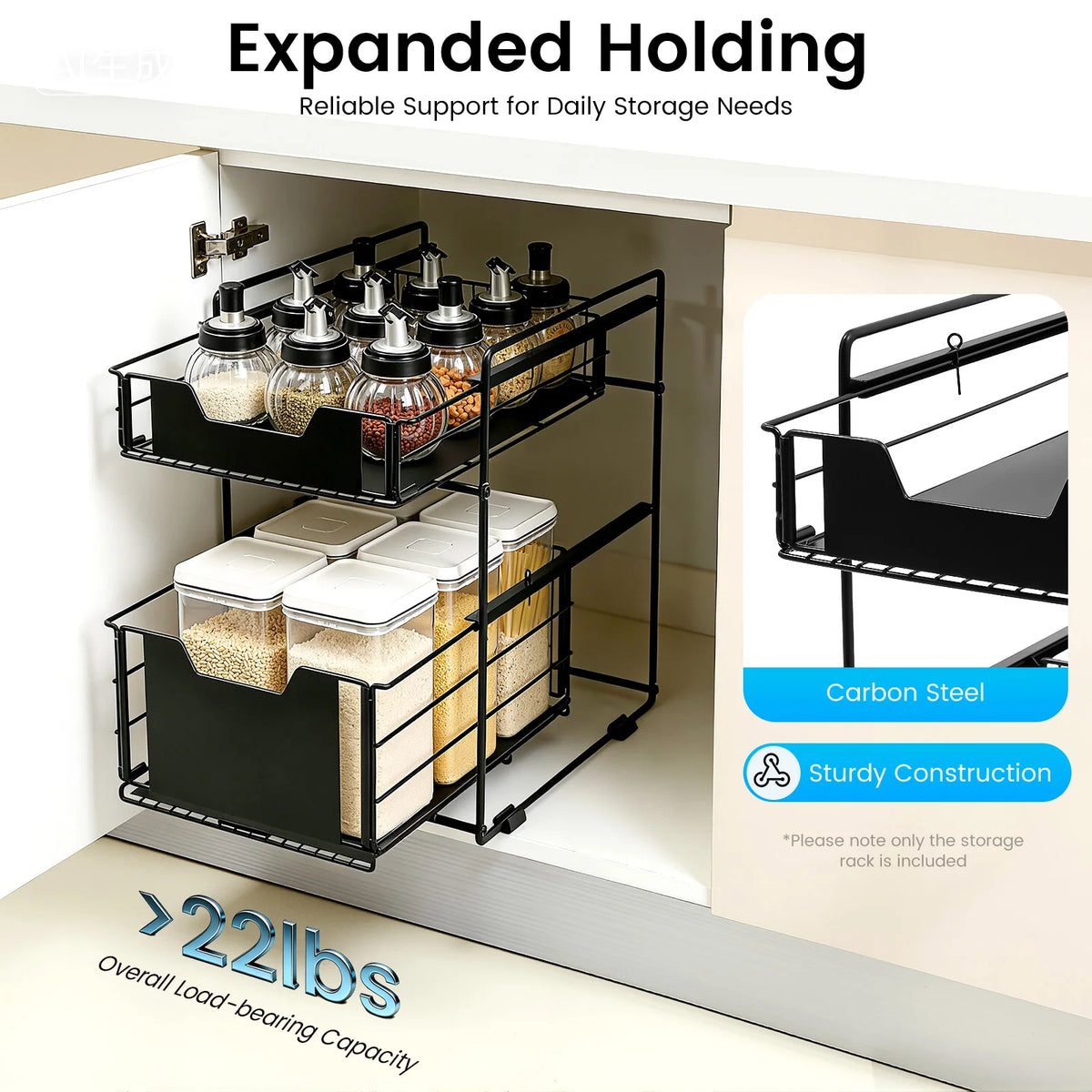 2-Tier Pull-Out Under-Sink Cabinet Organiser | Carbon Steel | Black