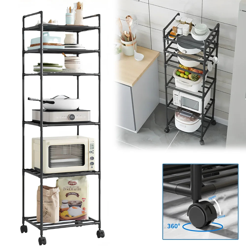 Heavy Duty 6-Tier Metal Utility Shelf with Locking Wheels - Home & Office Storage Solution