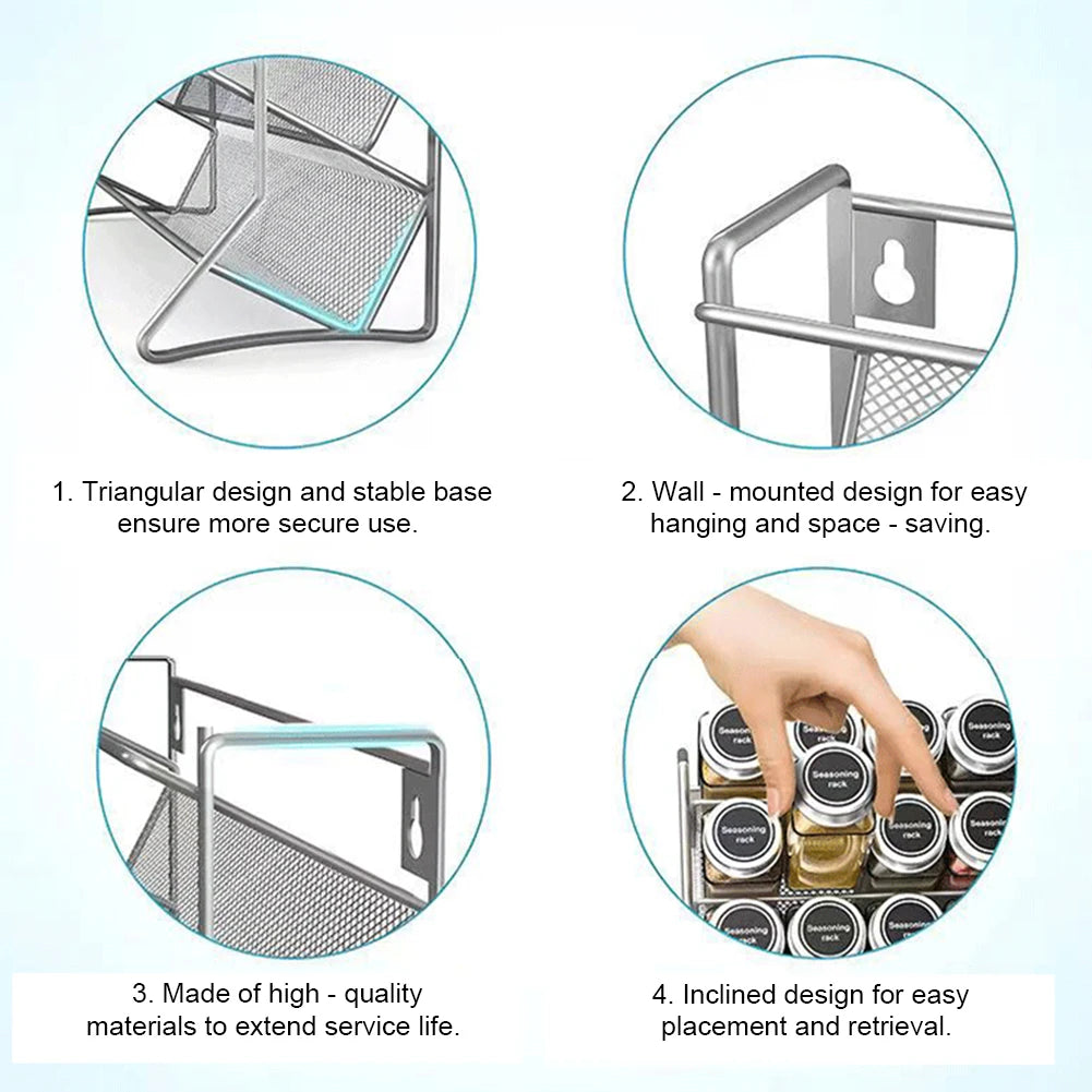 4 Tier Cupboard Storage Shelf Metal Spice Seasoning Jar Organizer Rack Wall Mount Non-Slip Kitchen Pantry Small Can Stand Holder