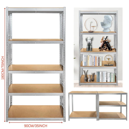 Heavy Duty 5 Tier Galvanised Adjustable Shelf Racking Unit Storage Rack 875KG Capacity Metal Shelves Workshop, Shed, Office,Home