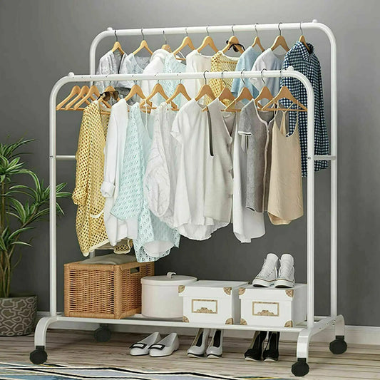 Heavy Duty Double Rail Clothes Rack with Lower Storage Shelf