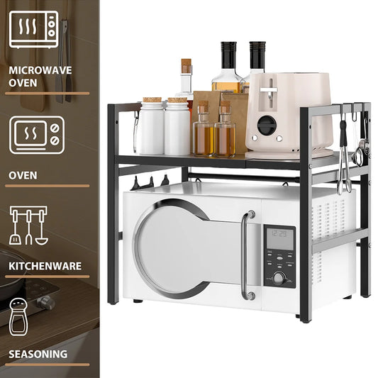 Expandable 2-Tier Microwave Rack with 6 Hooks | Kitchen Countertop Organiser