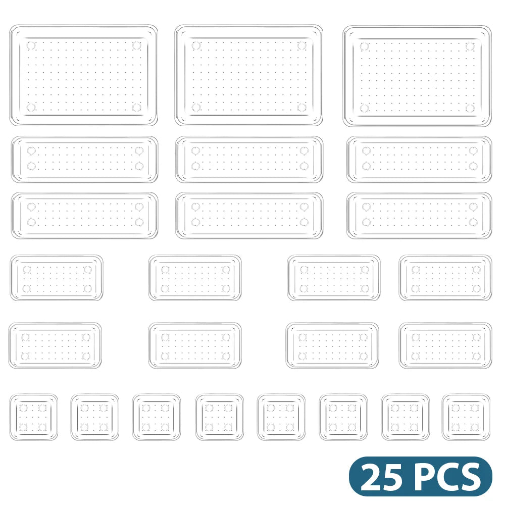 25-Piece Clear Drawer Organiser Set | 4 Sizes | Makeup, Kitchen & Office